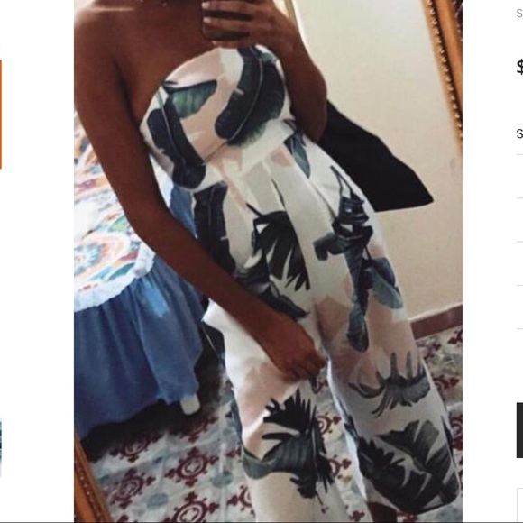 Strapless White Leaves Printed Wide Leg Jumpsuit - Picture 2 of 6